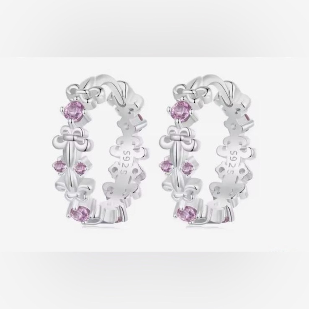 925 sterling silver, Elegant  silver and Pink Gemstone Hoop Earrings